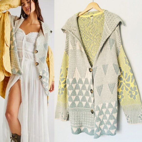 Free People Tate Knit Cardi Cardigan Sweater XL Sage Sunshine Combo $168 Slouchy - Picture 3 of 16